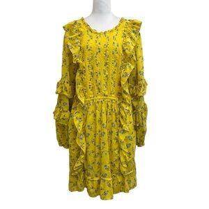 Happy X Nature Yellow Meadow Ditzy Floral Ruffle Sleeve Tiered Prairie Dress